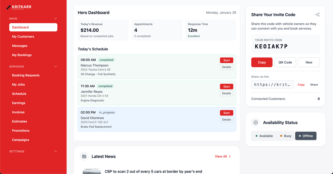 Kritkarr Hero Dashboard